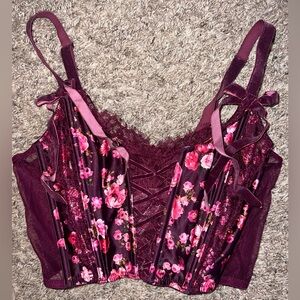 Victoria’s Secret Floral Lace-Up Corset Burgundy Bralette Medium Valentines Day